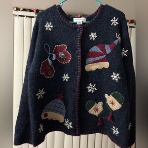 VTG Handknit Silk Mohair Cardigan Women's Large Blue Mitten Embroidery Winter
